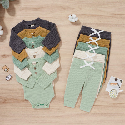 Mameluco y pantalón de manga larga de punto de algodón puro de color sólido para bebé