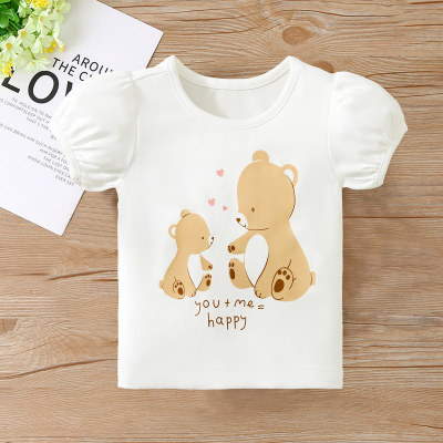 Summer girls' cute puff sleeve bear print T-shirt