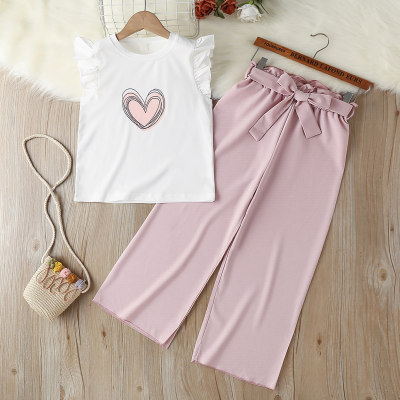 2-piece Kid Girl Heart Printed Vest & Solid Color Pants