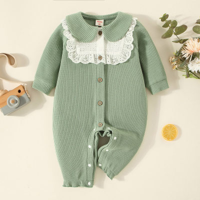 hibobi Baby Solid knitted Turn-down Collar Lace Long-sleeved Long-leg Romper
