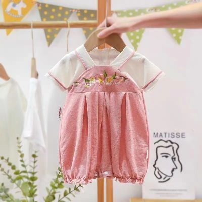 Bebê recém-nascido menina bordado hanfu verão wear macacão de manga curta estilo ocidental estilo chinês outing roupas bodysuit