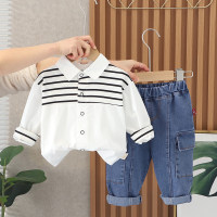 Boys' Fashion Striped Shirt Spring Thin Long Sleeve Lapel Shirt Casual Shirt Jeans Children's Clothing Two-piece Set  White