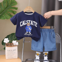 A drop-shipping children's new summer short-sleeved children's clothing for small and medium-sized boys and girls casual round neck T-shirt denim shorts set  Navy Blue