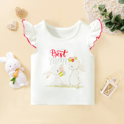 Camiseta com estampa de coelho de manga voadora para meninas de verão para a melhor mãe