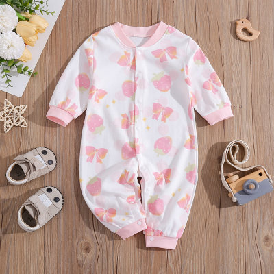 Baby Girls Cute Bowknot Strawberry Graphic Soft Comfortable 100% Cotton Jumpsuit For Autumn Spring
