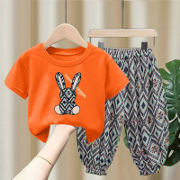 Children's suits for boys and girls, summer thin baby short-sleeved T-shirt tops, anti-mosquito pants, two-piece set, trendy sports children's clothing  Orange