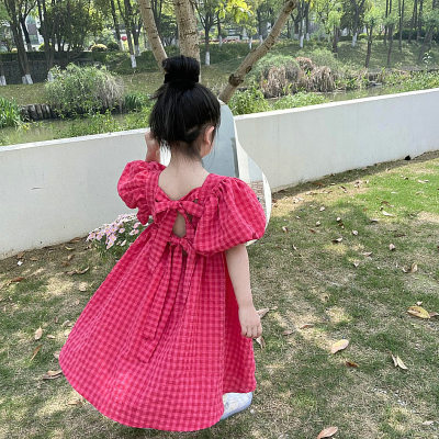 Girls Skirt Puff Sleeve Plaid Lace Dress Princess Skirt 24 Summer Clothing New Foreign Trade Children's Clothing Dropshipping