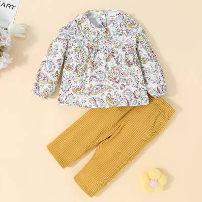 hibobi 2-piece Baby Girl Allover Floral Printed Lapel Long Sleeve Blouse & Solid Color Corduroy Pencil Pants