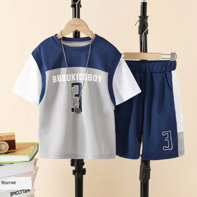 2-piece Kid Boy Color-block Letter and Number Printed Short Sleeve T-shirt & Matching Shorts