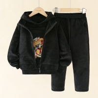 3-piece Kid Boy Tiger Printed Extra Thick Hoodie & Solid Color Jacket & Pants  Black