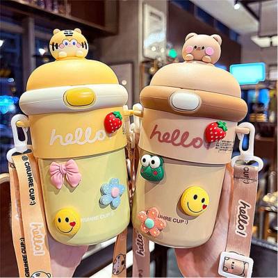 Cartoon strap water cup for girls with large capacity and cute straw cup