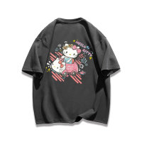 Camiseta de manga corta con estampado de gato de dibujos animados, top de dibujos animados lindo y versátil  gris