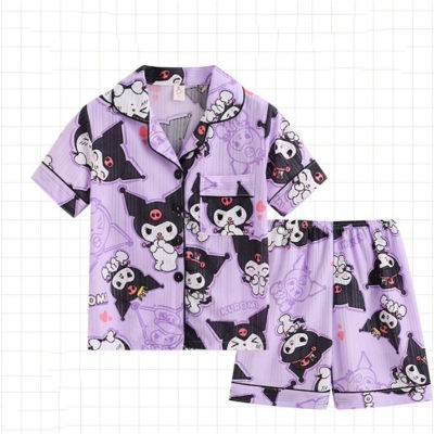 Girls Cotton Breathable Lapel Short Sleeve Shorts Cardigan Cartoon Home Clothes Set