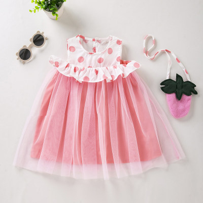 Baby Girl Color-block Polka dot Ruffle Decor Sleeveless Mesh Dress