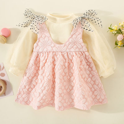 2-piece Toddler Girl Solid Color Mesh Embroidery Patchwork Long Sleeve Top & Textured Suspender Dress