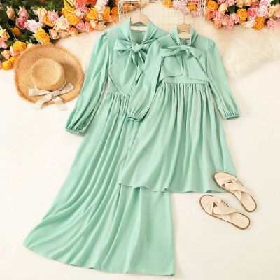 Elegant Solid Color Long Sleeve Dress for Mom and Me
