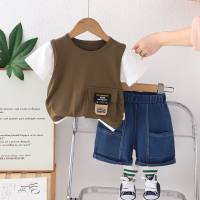 Boys summer short-sleeved suit 2024 new baby children's clothing summer pocket clothes boy baby summer two-piece suit  Army Green