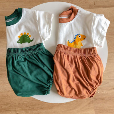 2023 new children's Korean style boys and girls summer cartoon fashion short-sleeved children's suit baby dinosaur two-piece set