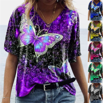 Camiseta con estampado de mariposas de manga corta para mujer