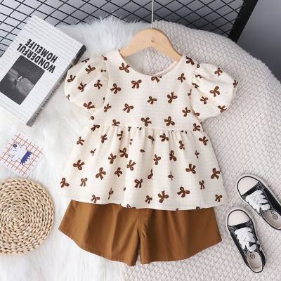 Summer new arrivals, cute street-style full-print bow short-sleeved shorts suit for small and medium-sized children, cute trendy girls summer suit