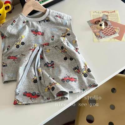 Male baby summer suit 2024 new children's summer casual cartoon car print sleeveless shorts short-sleeved thin section