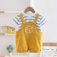 New boys and girls round neck casual short sleeve denim overalls  Yellow
