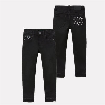 Boys' slim black jeans, loose and breathable, embroidered and versatile