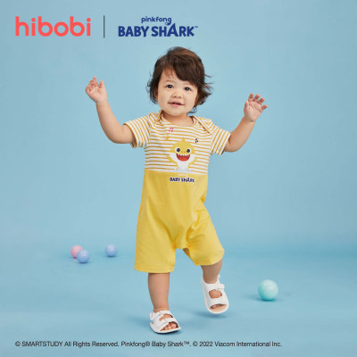 hibobi×Babyshark Baby Cartoon Print & Stripes Short Sleeve Cotton Jumpsuit