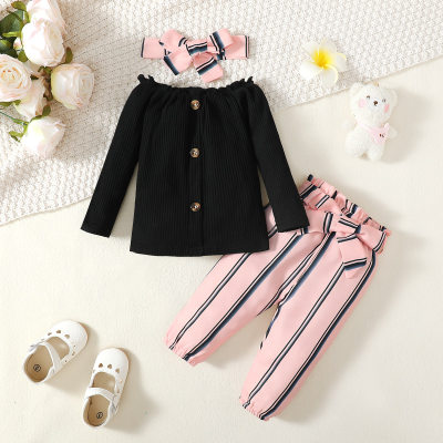 Baby Girl Solid Color Long-sleeve Top & Stripes Pants With Headband
