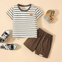 Camiseta de manga corta con estampado de tigre y letra de algodón puro para niños pequeños de 2 piezas y pantalones cortos a rayas  café