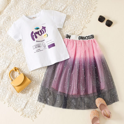 Kids Girls Sweet Style Letter Print Top& Gradient Mesh Skirt