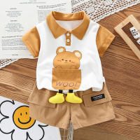 Western-style boys and girls new baby short-sleeved handsome cartoon bear dinosaur POLO shirt short-sleeved summer suit  Brown