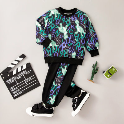 Kleinkind-Jungen-Sweatshirt mit Dinosaurier-Aufdruck und schwarzer Hosenanzug