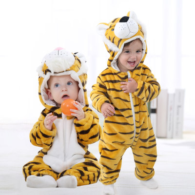 Brother and Sister Flannel Tiger Style Hooded Zip-up Long-sleeved Long-leg Plush Romper