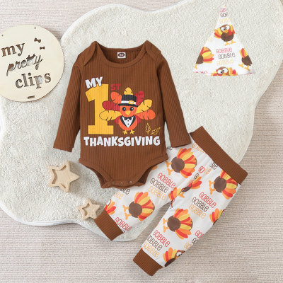 3-piece Baby Boy Thanksgiving Day Letter and Turkey Printed Long Sleeve Romper & Allover Printing Pants & Matching Hat