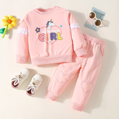 2-piece Toddler Girl Cartoon Letter Printed Ruffle Patchwork Long Sleeve Top & Solid Color Pants