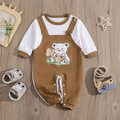 Combinaison 100% coton pour bébés garçons, motif ours mignon, bloc de couleurs, douce et confortable, pour l'automne et le printemps