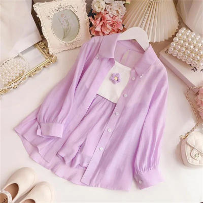 Three-piece girls sun protection suit spring and summer children's girls long-sleeved thin suspenders shirt shorts
