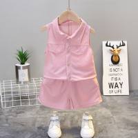 Summer children's clothing baby girl suit sleeveless shirt girl stand collar two-piece suit girl clothing  Pink