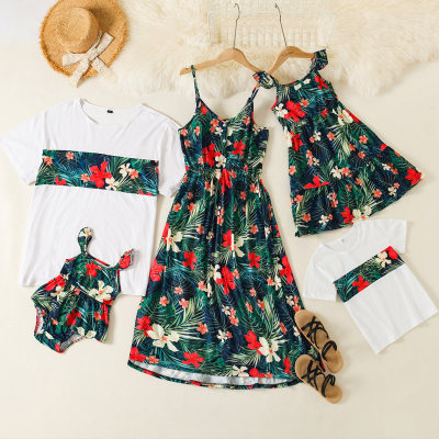 Family Clothinging Floral Print Sleeveless Dress and T-shirt