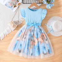 New Summer Girls Striped Flying Sleeves Flower Printed Mesh Dress + Belt Two-piece Set  Light Blue
