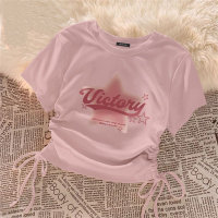 Kinder kleidung kurzarm T-shirt mädchen sommer neue heiße mädchen kordelzug design nische kurze vielseitig tops kinder kleidung  Rosa
