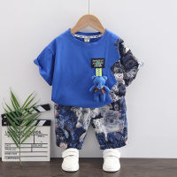 Comercio exterior ropa de verano para niños oso colgante para niños conjunto informal coreano de dos piezas de 0 a 5 años 4 pantalones cortos traje de verano para niños  Azul