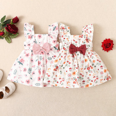 Baby Girl Beautiful Floral Print Bowknot Decor Ruffle Sleeve Dress