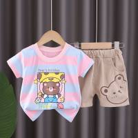 Girls summer new style suit colorful striped cartoon bear short sleeve baby summer two-piece suit  Pink