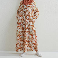 Women's floral dress round neck pullover loose fashion robe  Orange