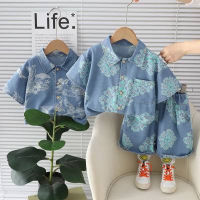 2024 summer new shirts boys denim short-sleeved suits children's workwear casual pants shirt two-piece suit