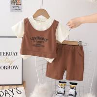 Girls' clothes summer children's clothing two-piece suit children's stylish cartoon short-sleeved suit letter vest short-sleeved suit trendy  Coffee