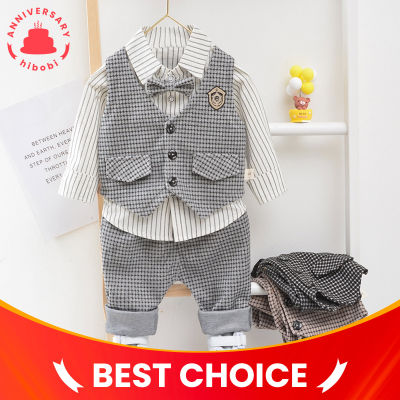 Toddler Boy Bow Decor Striped Shirt & Plaid Vest & Pants