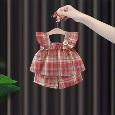 New style girls summer plaid two-piece suit baby girl summer sweet suit